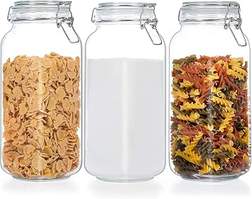 MEETOZ 78oz Glass Food Storage Jars with Airtight Clamp Lids, 3 Pack Large Kitchen Canisters for Flour, Cereal, Coffee, Pasta and Canning, Square Mason Jars