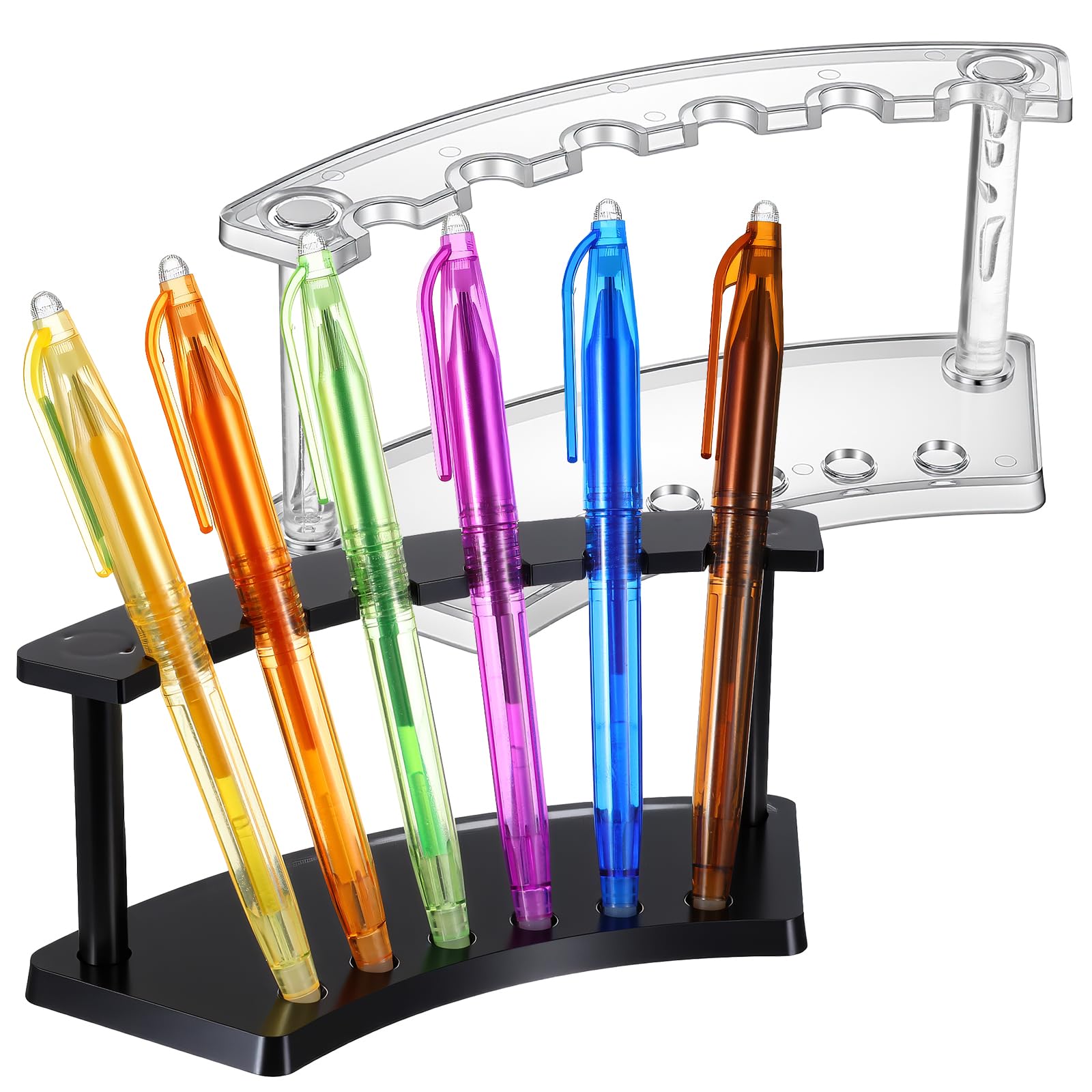 Quilax 2 Pcs Pen Display Stand, Plastic 6-Slot Pen holder, Pens Stand for Makeup Brush Organizer, Display Rack for Craft Shows, Home Office and Store Use (Clear, Black)