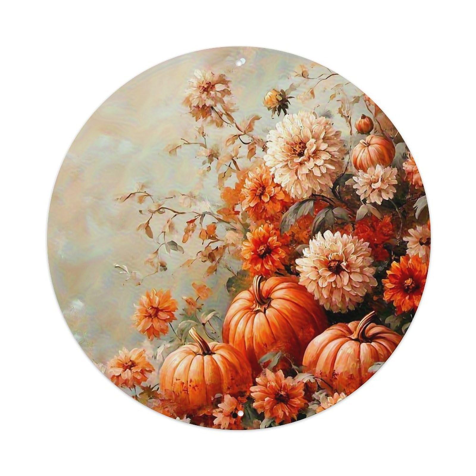 Autumn Pumpkins And Flowers Pattern Metal Tin Sign Plaque