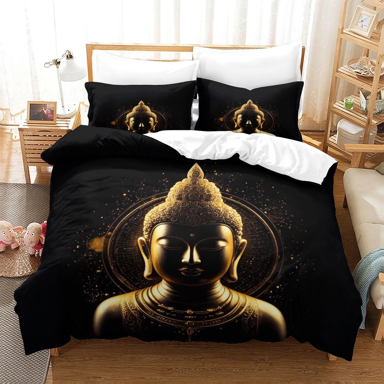 XiaopangXY Sakyamuni Bedding Set 3D Printed Buddha Quilt Cover with Zipper Closure Luxe Duvet Cover with Pillowcase Microfiber for Childrens And Adults King（220x240cm）