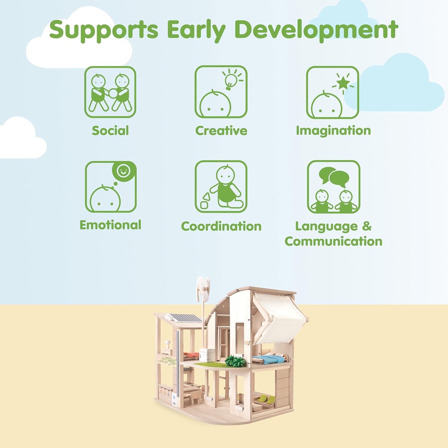 PlanToys® Green Wooden Dollhouse with Furniture | Eco Friendly Doll House with Solar Panel, Wind Turbine & Recycling System | Pretend Play Dollhouse for Sustainable Living Role Play