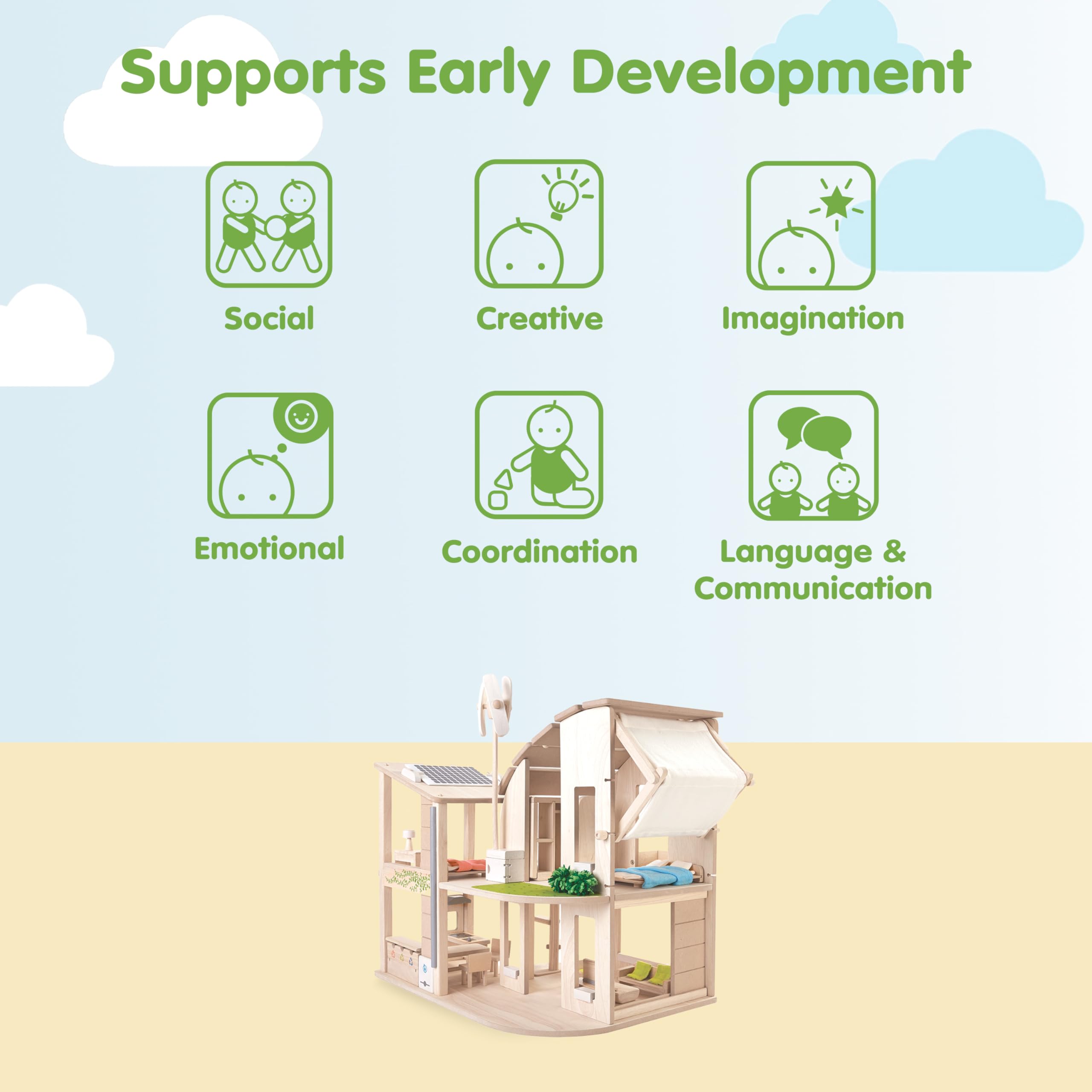 PLAN TOYS - "Green" Doll's House with Furniture