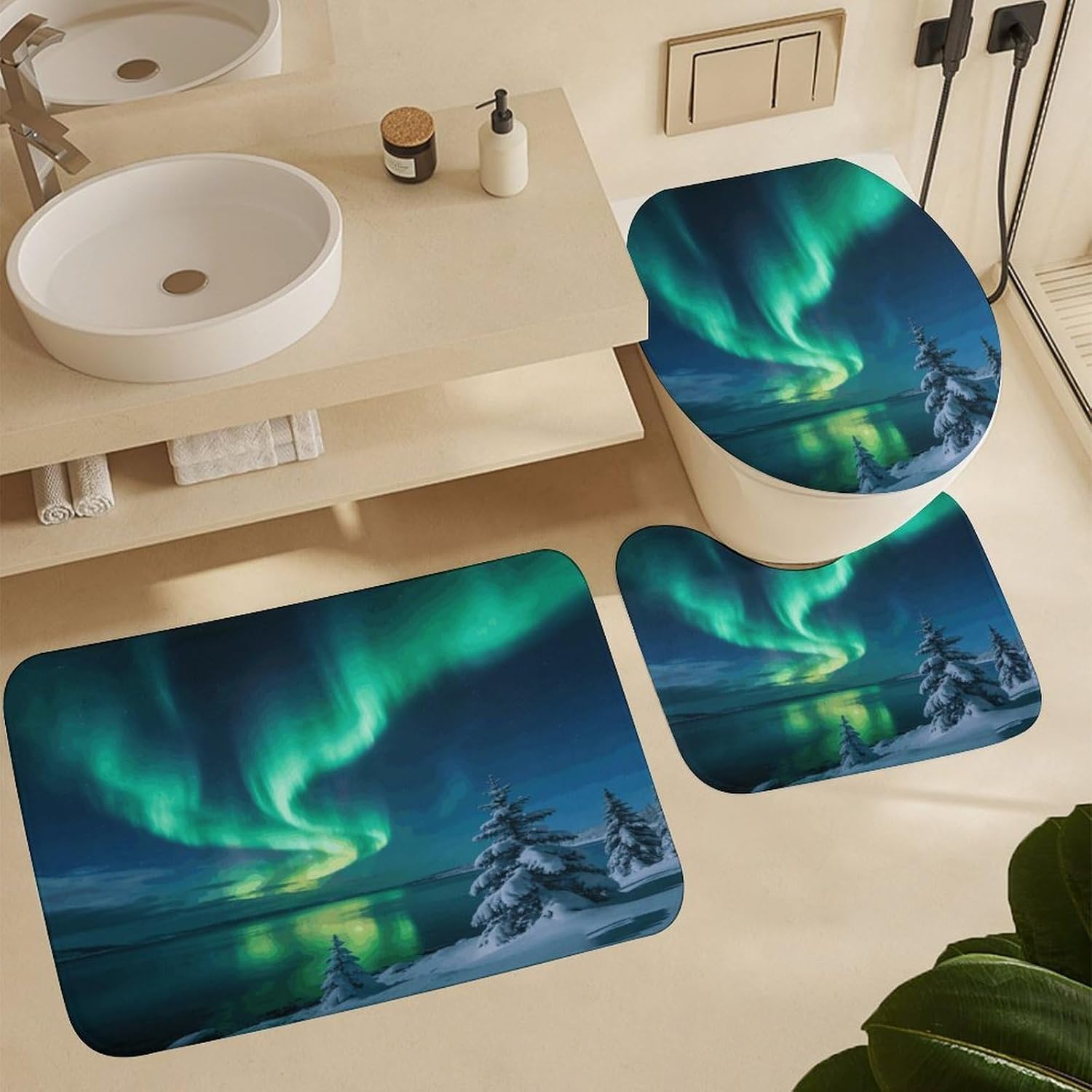 Polar Lights Bathroom Rugs Sets 4 Piece | Shower curtain sets, non-slip absorbent soft flannel bath mat, u-shaped toilet mat & lid cover, bathroom decor accessories