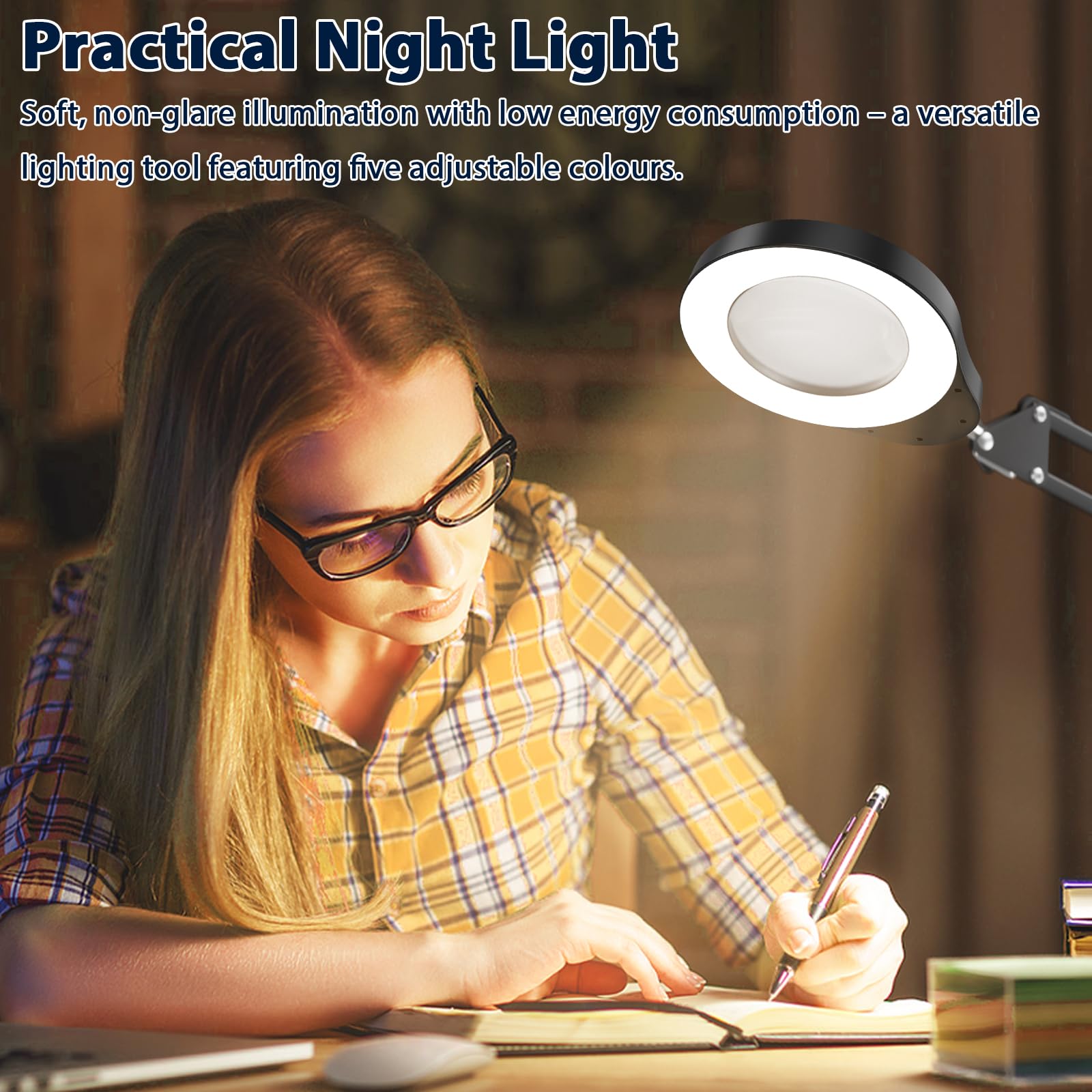 Lampada d'Ingrandimento 15X con Luce, 2 in 1 Base Larga e Clip, 5 Modalità Colore, Collo d'Oca Flessibile