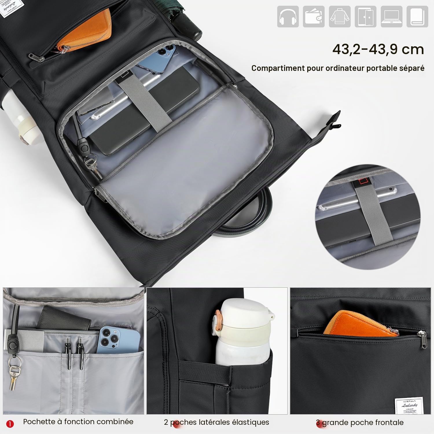 Lubardy Sac a Dos Homme Femme Résistant pour Ordinateur Portable 17 Pouces | Sac Roll-Top avec Trou USB pour École Travail Voyage Loisirs Randonnée