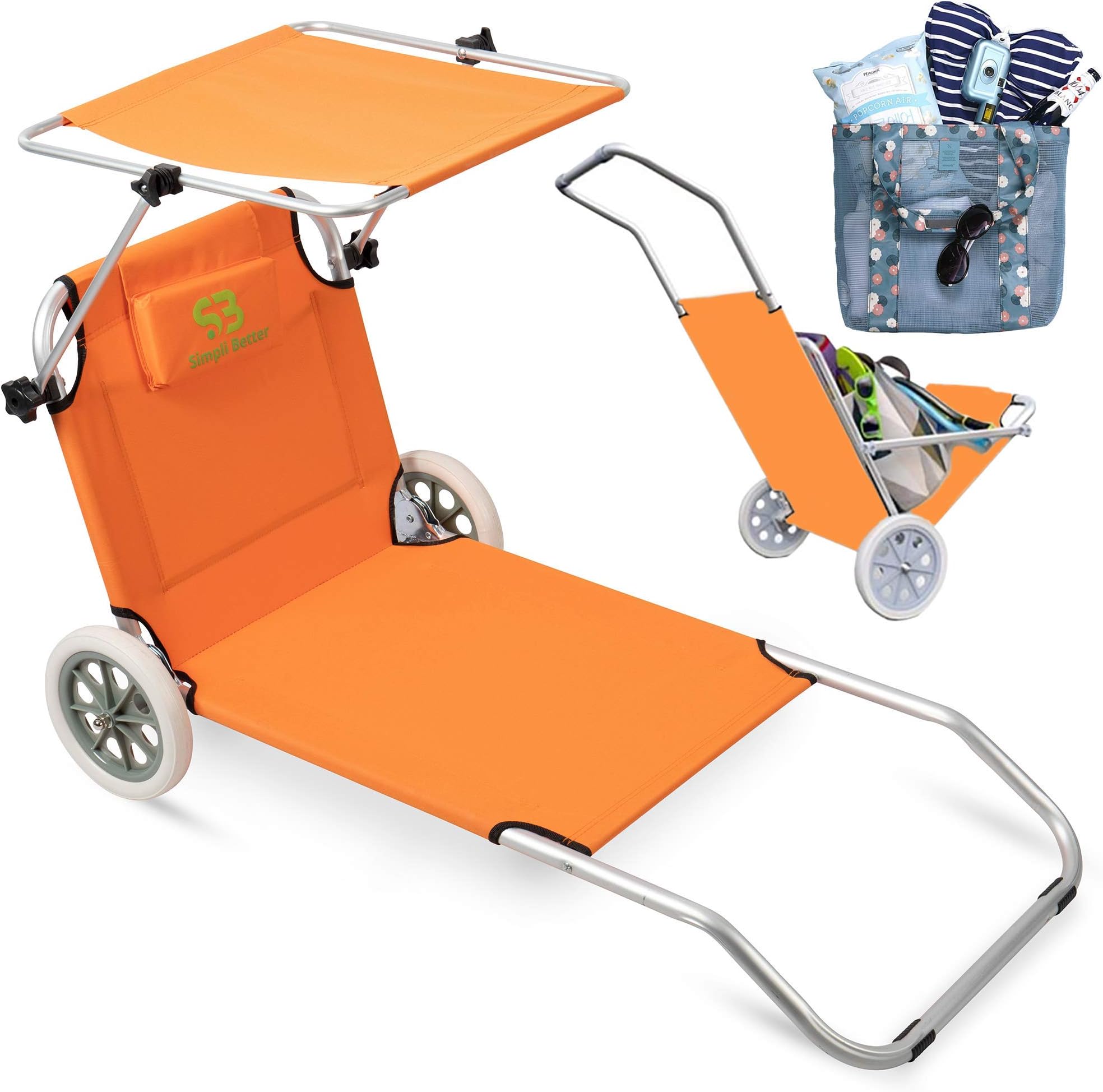 Premium Beach Chairs with Wheels, Making It Extremely Portable. Able to Be Folded and Built-in Pillow and Sunshade, Perfect for Beaches, Picnics, and Camping. โฆ (Tangerine)
