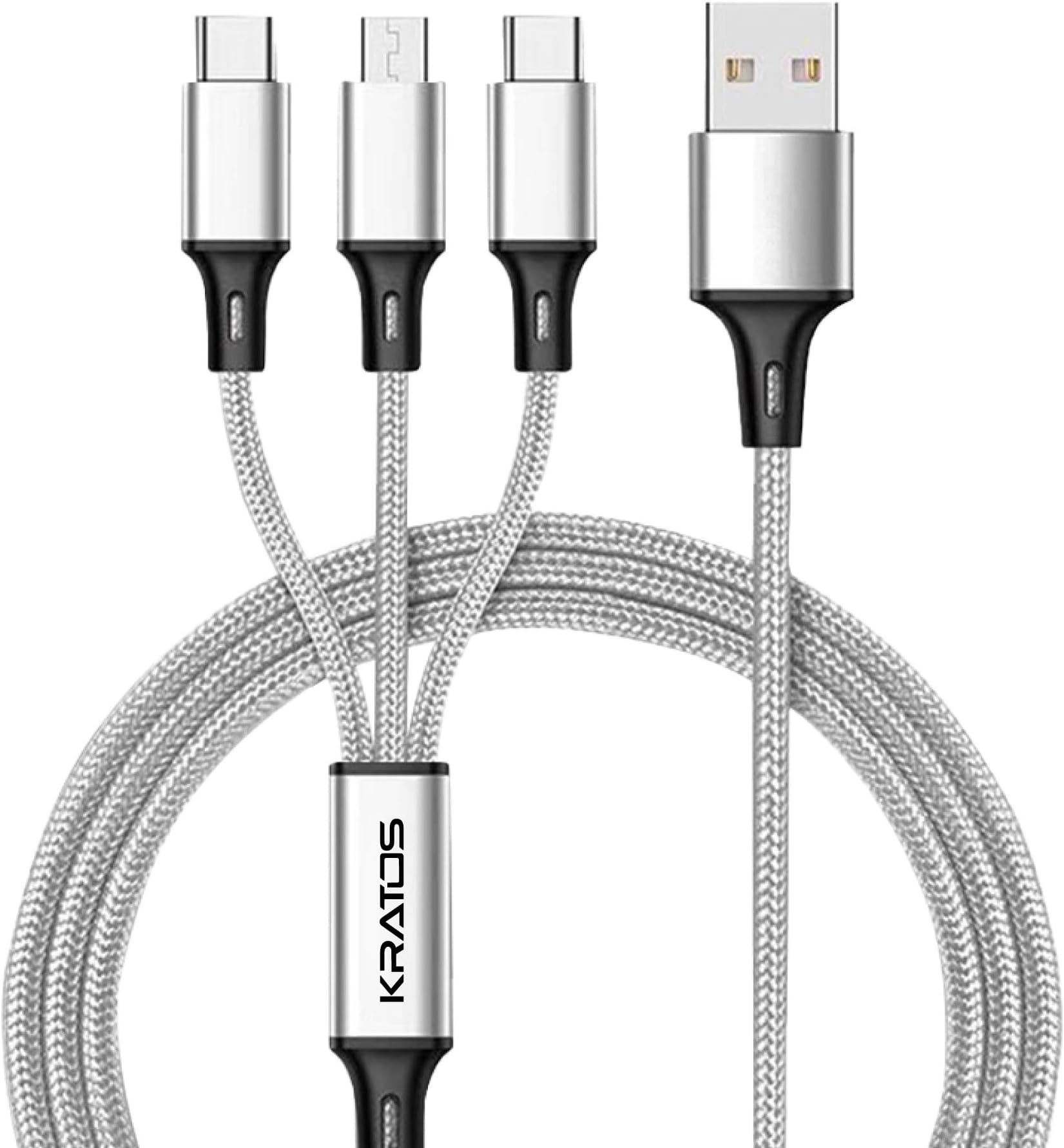 Kratos Unbreakable 1.2 Mtr 3 in 1 Charging Cable with Nylon Braided Long Life Multi charger cable fast charging for lighting, Type C and Micro USB ports, Fast charging cable for Smartphones & Tablets