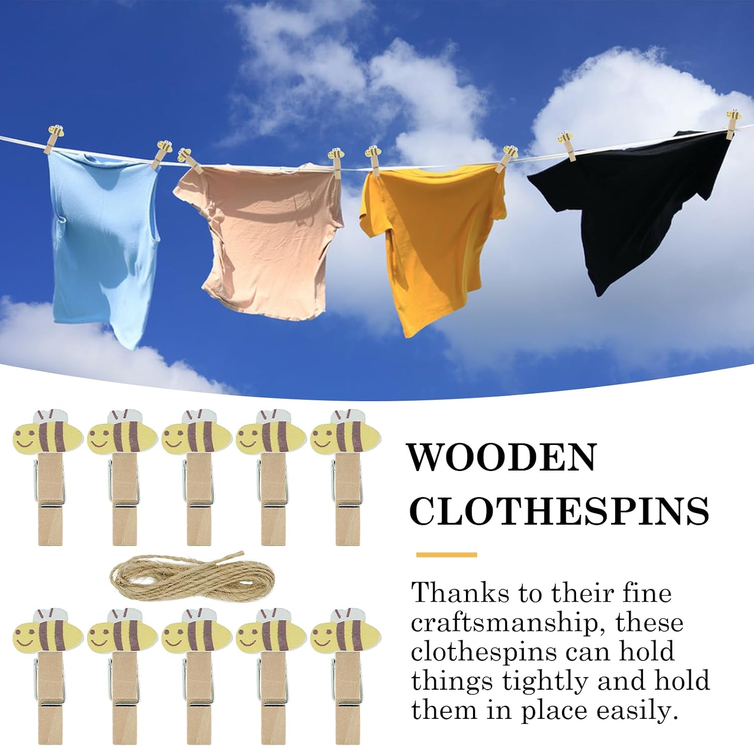 40Pcs Bee Wooden Clothespins, Mini Cartoon Wood Clips