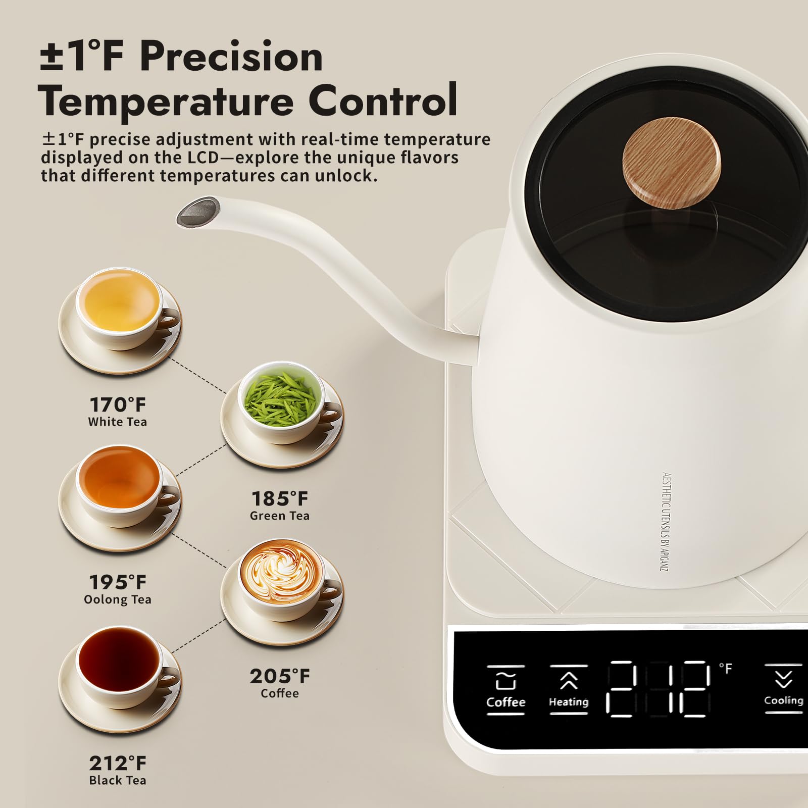 APIGANIZ Electric Gooseneck Kettle with ±1? Temperature Control, Pour Over Kettle for Coffee and Tea, Stainless Steel Hot Water Boiler, 1200W/0.8L (White/Wood Grain)
