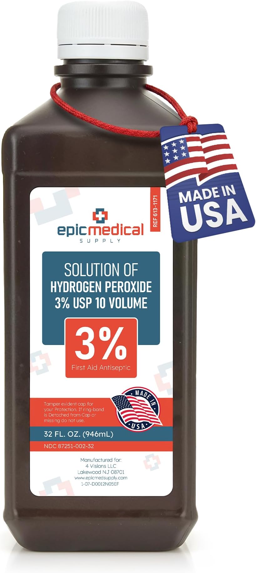 Epic Medical Supply Hydrogen Peroxide 32 oz. First Aid Antiseptic and Multipurpose Cleaner, 3% USP, Topical Wash for Minor Cuts, Scrapes, Insect Bites, and Skin Irritations. (1)