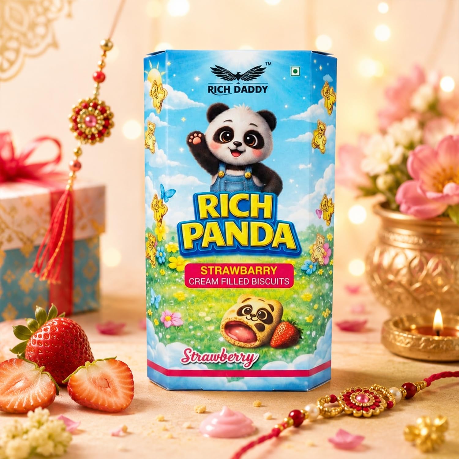 DeoDap Kids Rakhi Gift Set β 2 Cute Elephant Designer Rakhis with Rich Panda Strawberry Biscuits 60g, Silver Color Coin, Tilak Set & Greeting Card | Raksha Bandhan Gift for Boys 4