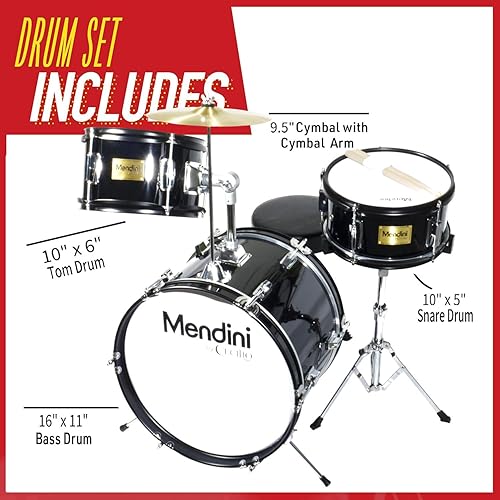 Miniatura 52 de Mendini By Cecilio Juego de batería para niños, 3 piezas para principiantes con bombo Tom Snare, kit de batería de 13 pulgadas con caja, platillo