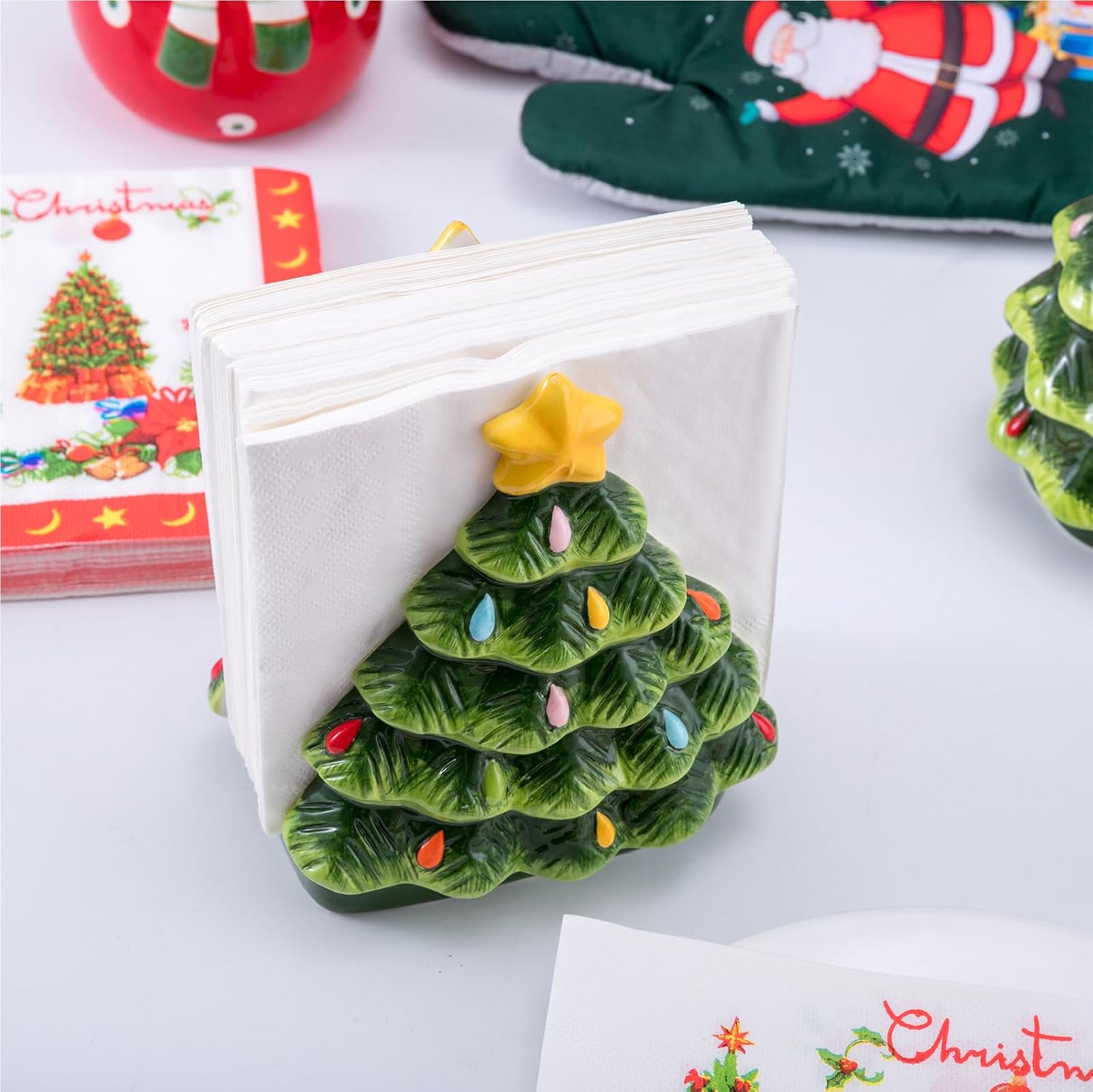 Christmas Tree Napkin Holder - Ceramic Hand-Painted Design