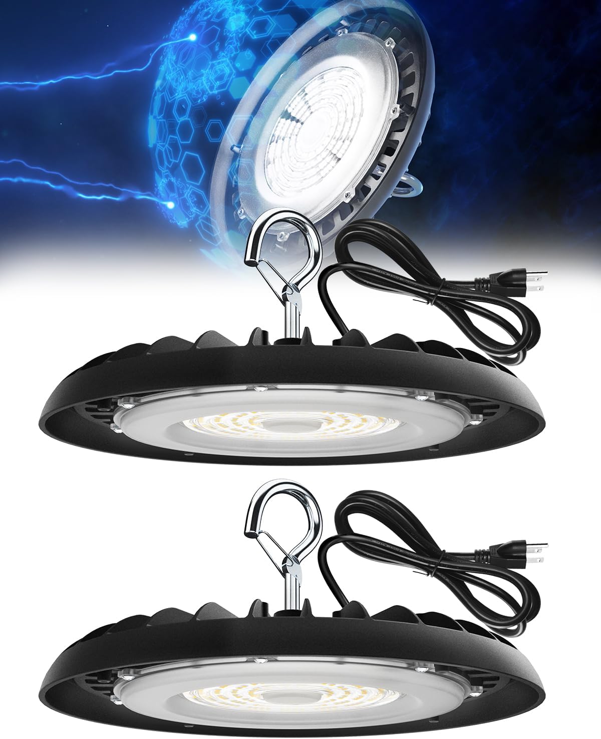 Barrina UFO LED High Bay Light, 150W 21000LM, High Bay LED Shop Lights for Warehouse, 5000K, IP65 Waterproof with 5.9FT Cable US Plug, Commercial Lights for Workshop Factory Barn, 2 Packs, UL Listed