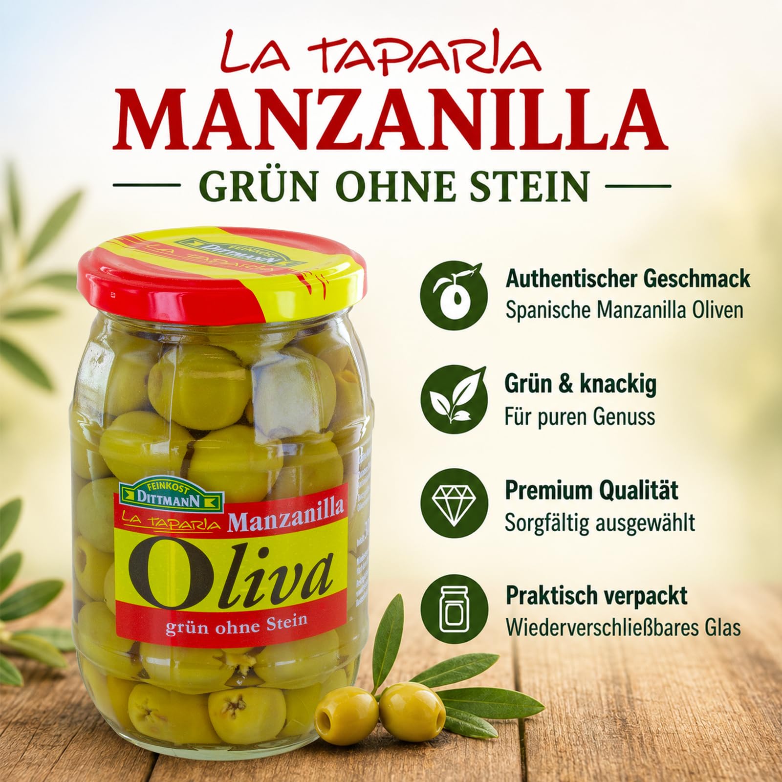 Feinkost Dittmann Oliva Manzanilla Oliven 10er Pack | Grüne spanische Premium Oliven ohne Stein – ideal für Antipasti, Salate, Tapas & mediterrane Küche
