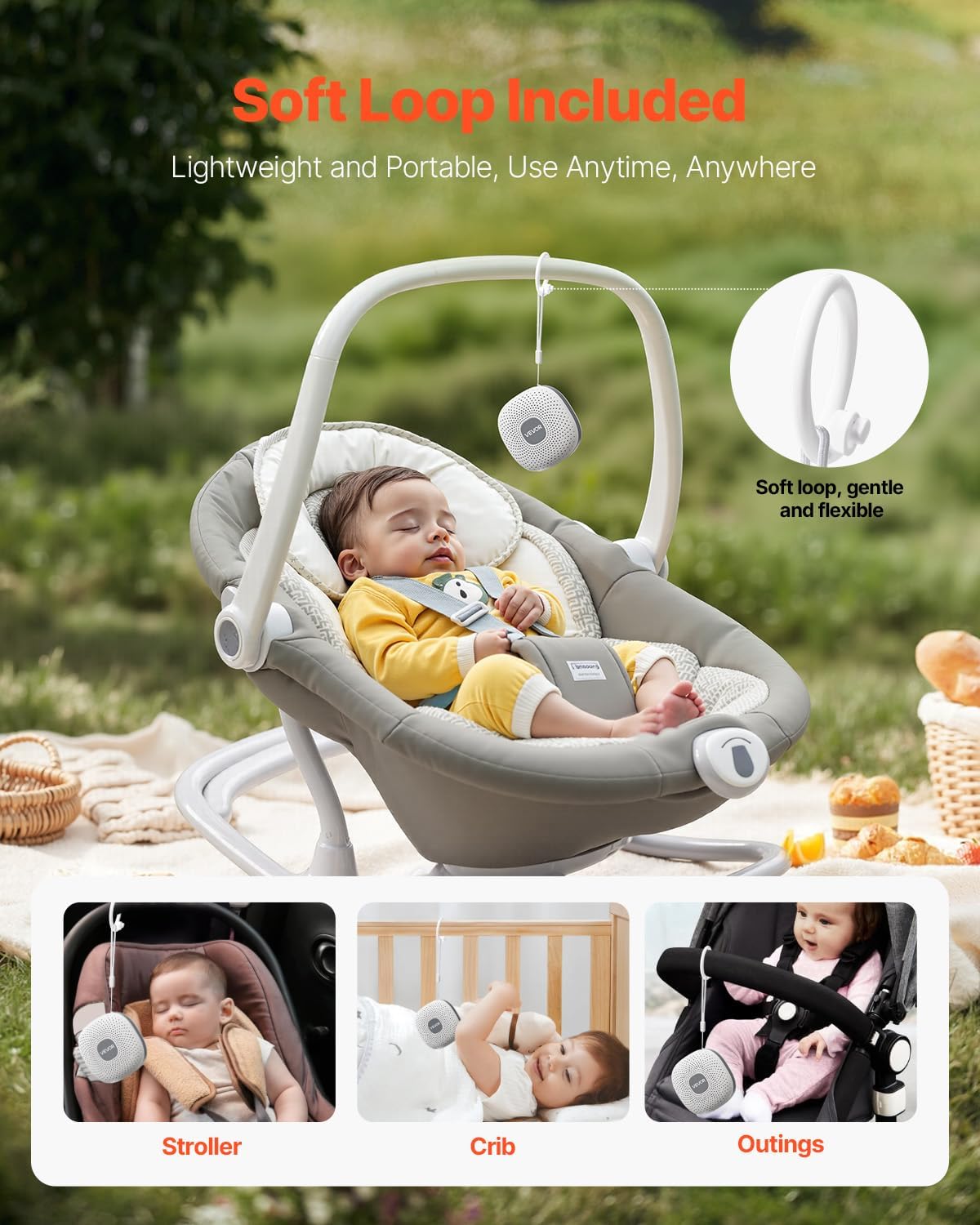 VEVOR Sound Machine, 21 Soothing Sleep Sounds, 3-in-1 Portable and Hangable White Noise Sound Machine with Auto-Off Timer, Soft Ring Light and Memory Function, for Baby, Adults, Home, Office & Travel