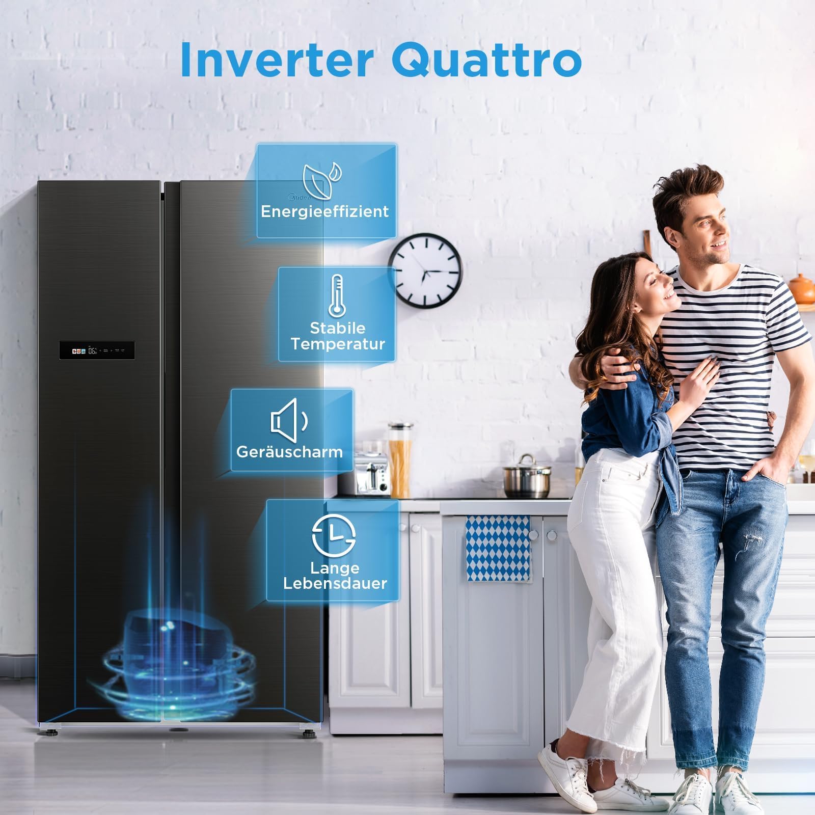 Midea MDRS791MIC28 lodówko-zamrażarka Side-by-Side/No Frost/sterowanie WiFi/Inwerter/Inverter Compressor/176,5 cm wysokości/379 l chłodzenie/213 l zamrażanie/podwójne sterowanie/SuperCool/37 dB, kolor
