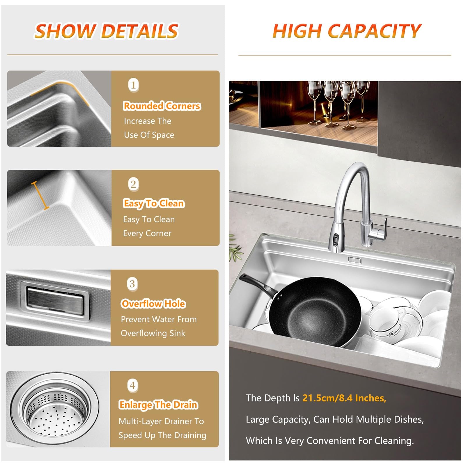 Amazon.co.jp: 傷つきにくい表面を備えたシルバーのキッチンシンク