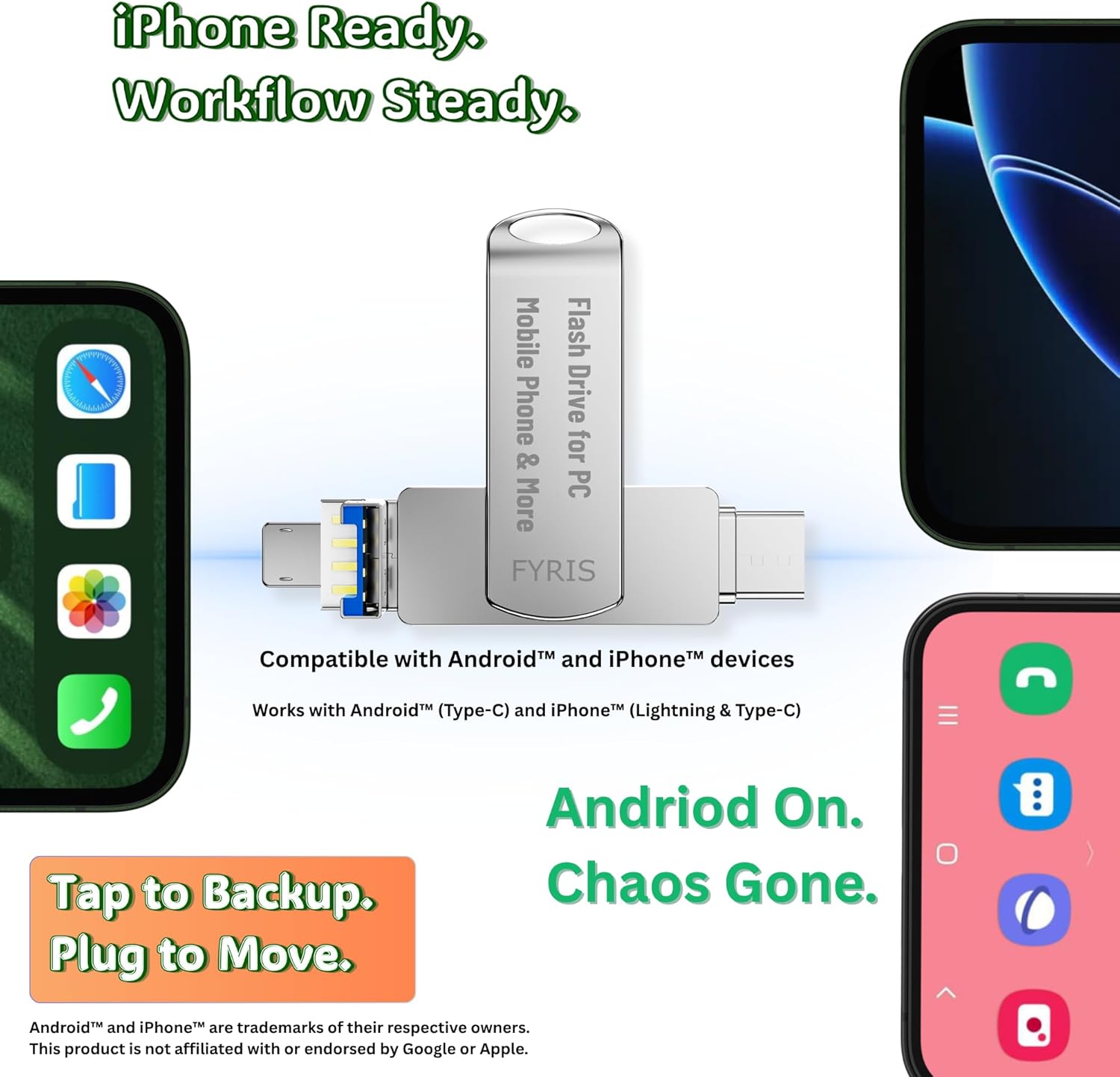 Flash Drive for iPhone128GB – Plug & Play 3 in 1 USB, USB-C & Lightning Backup Drive – External Storage for Photos & Files on iPad, Android, Tablet, PC, Mac (Thorns) – FYRIS