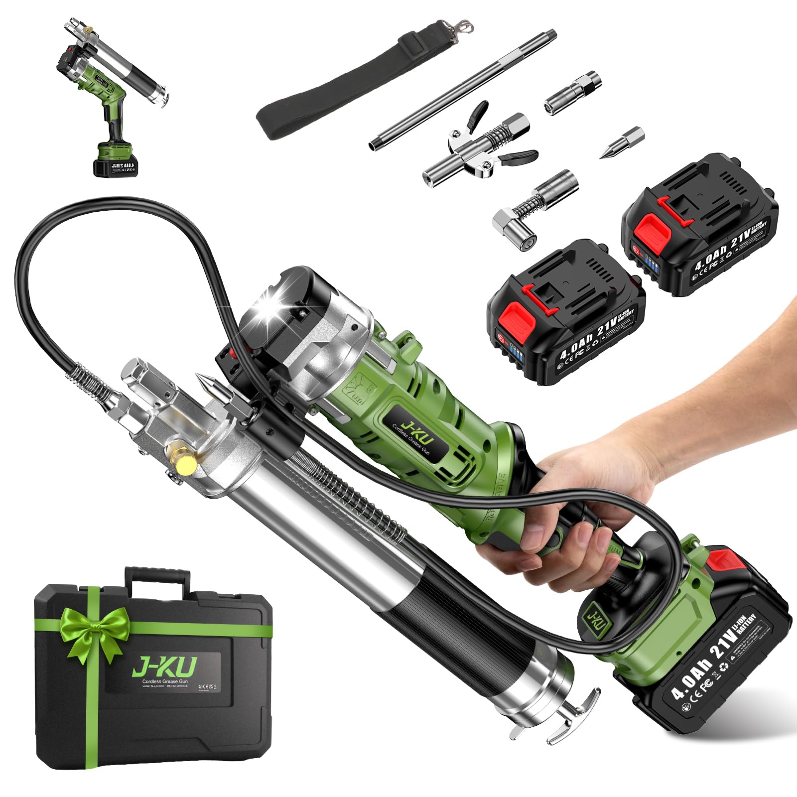Pistola Engrasadora a Batería 2 en 1 con 2 x 4.0Ah, 12000 PSI Eléctrica Pistolas de Engrase con Manguera de 100cm(39.4") & Acoplador 90°, Luz LED, Bomba de Engrase Para Tractor y Industrial, 400cc