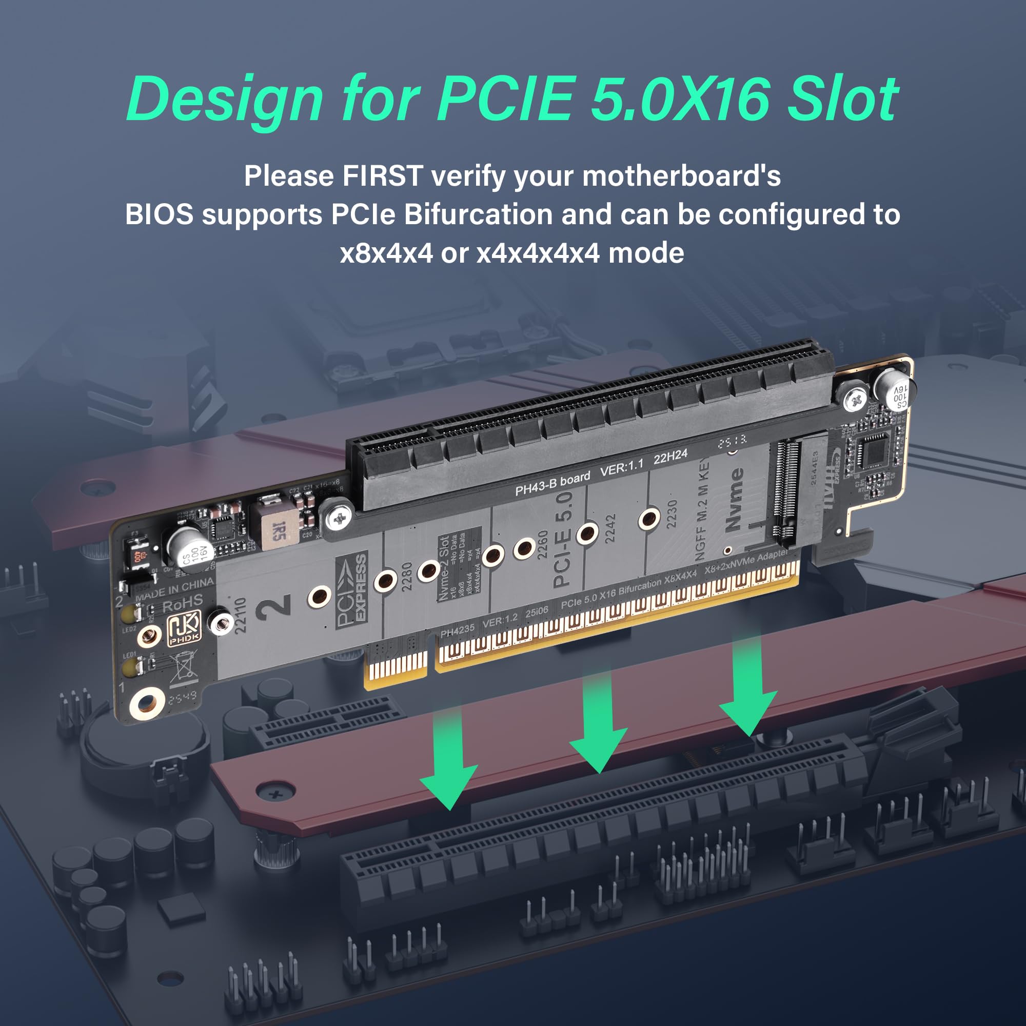 SinLoon PCIe 5.0 X16 karta rozszerzająca, karta PCIe Bifurcation Riser, dzieli slot X16 na X8+X4+X4, obsługuje NVMe M.2 SSD i Low-Profile GPU, kompatybilna z dyskami 22110/2280, z diodami LED do C