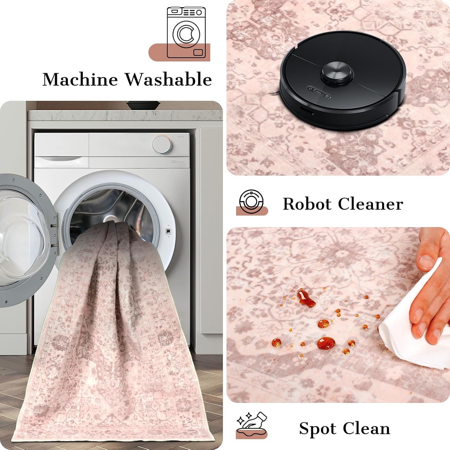 nesrt Boho Hallway Rug Runner 2x6, Low Pile Vintage Rugs for Living Room Washable Non Slip, Soft Faux Wool Thin Printed Carpet Runner for Entryway Kitchen Bedroom Laundry (Pink)