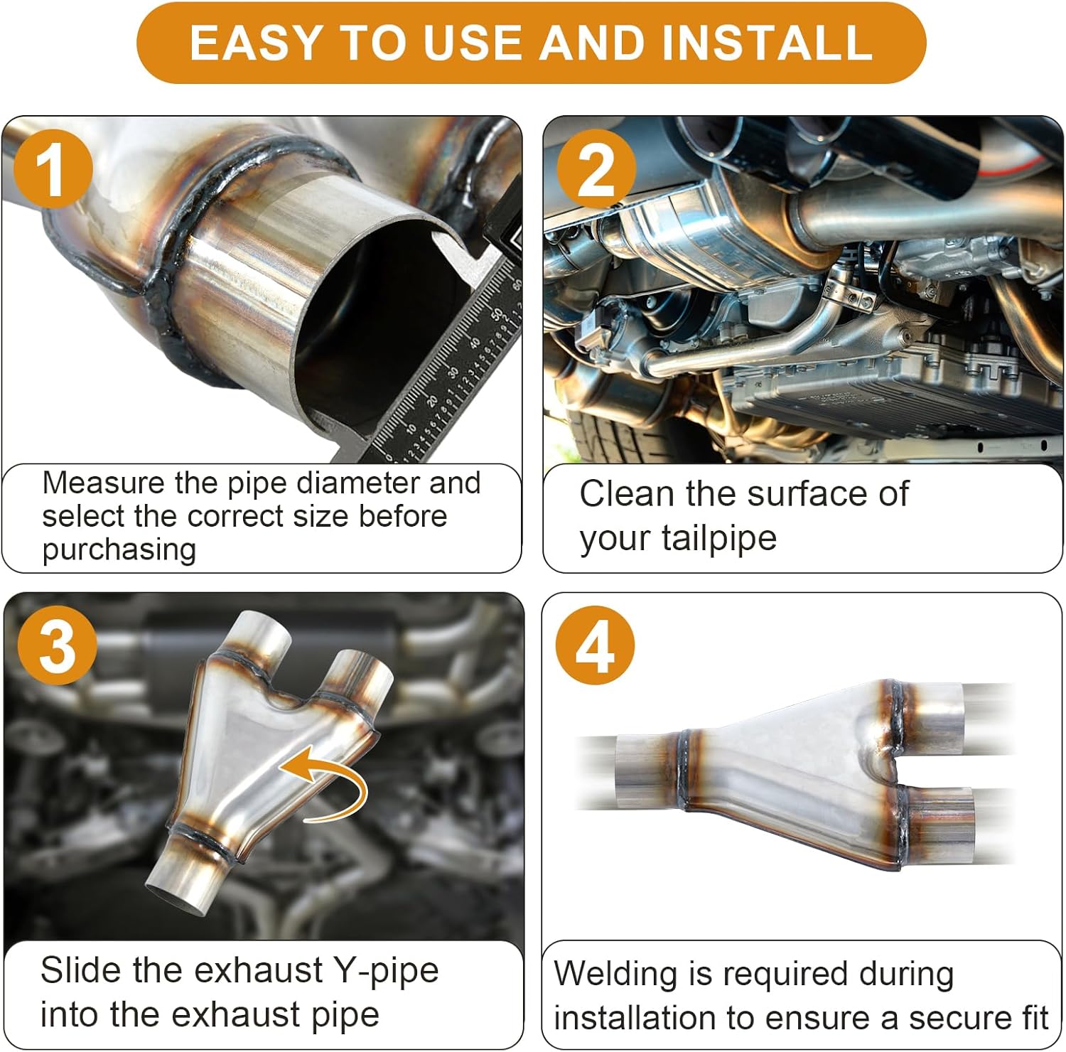Exhaust Y Pipe, Universal 2.5" Inlet 2.5" Outlet Stainless Steel Y Pipe 10" Long