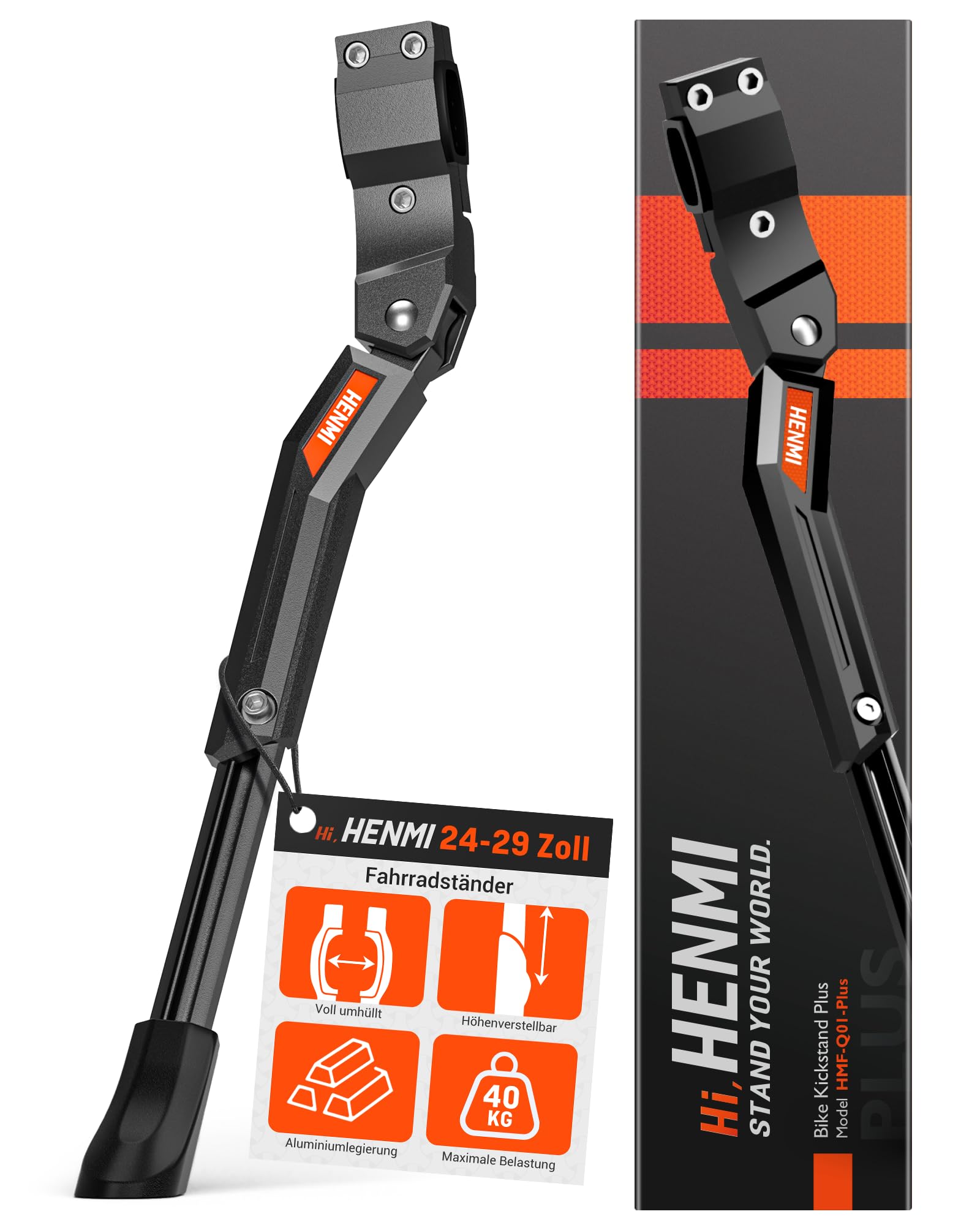 HENMI Fahrradständer 24-29 Zoll Plus, Hinterbauständer rutschfest Seitenständer Fahrrad Höhenverstellbar für Mountainbike, Trekkingrad, Rennrad, Cityrad