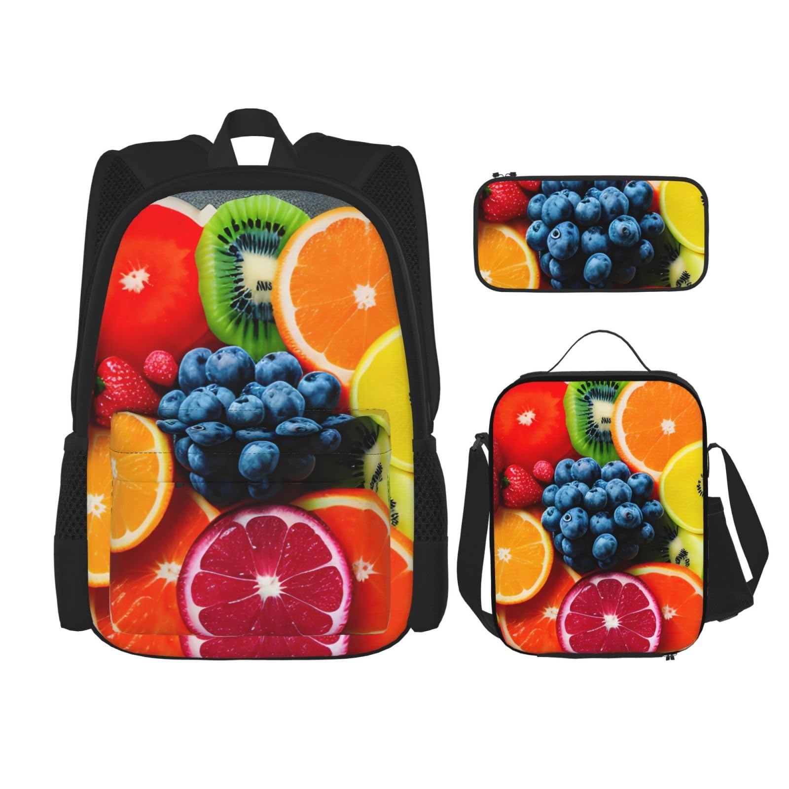 Juego de mochila 3 en 1 con estampado de arcoíris de frutas con bolsa de almuerzo y estuche, adecuado para el trabajo, picnic, viajes, Negro -, Talla única