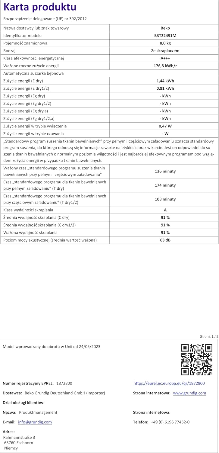 Beko B3T22491M Tumble Dryer Series B300, 8 kg, Front Load, Heat Pump Dryer, 15 Programmes, Sensor Drying, Steam Function, Silent Program, Suitable for Allergy Sufferers, Columnar, Manhattan Grey – Bild 13