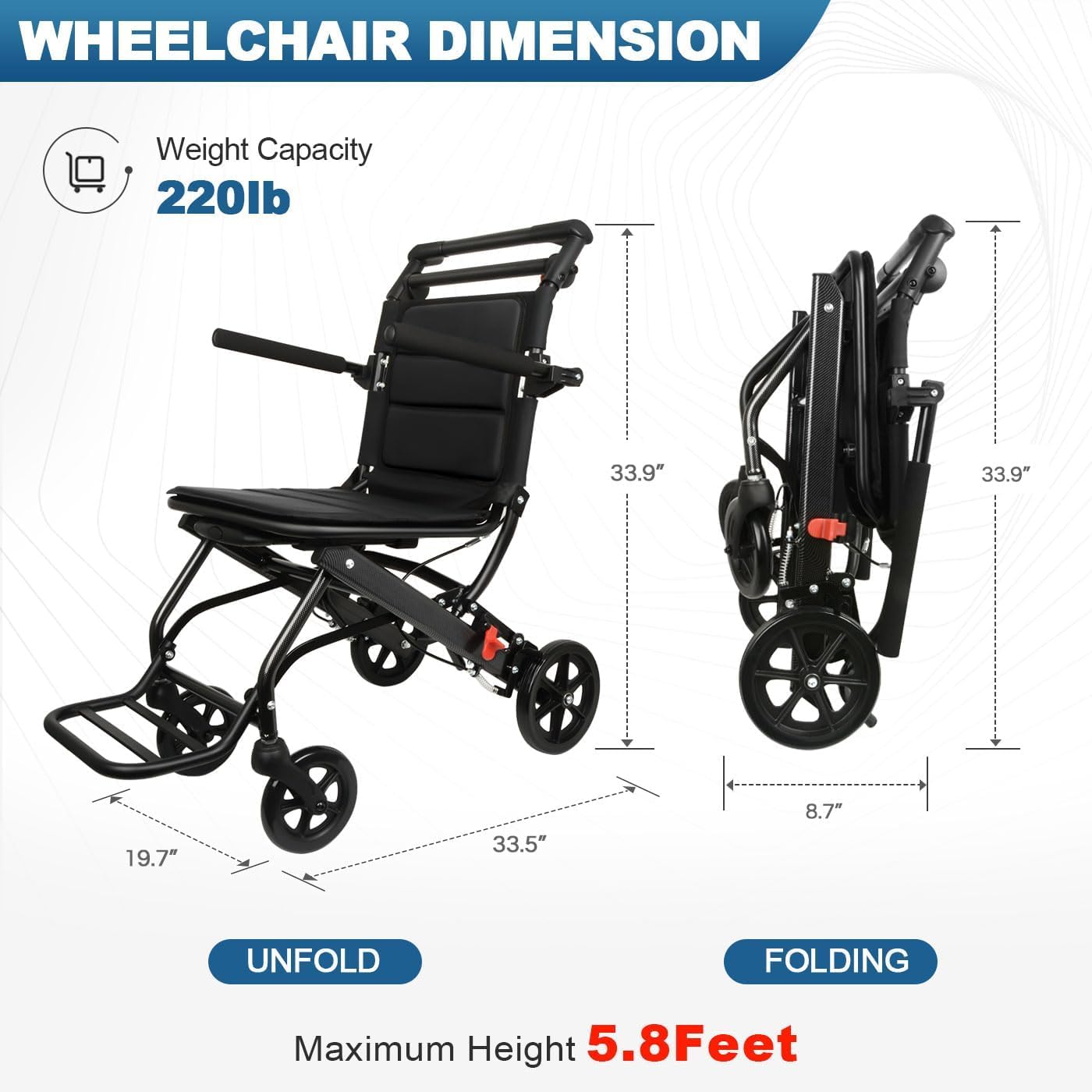 World's Lightest (Only 15lbs) Transport Wheelchairs with Telescopic Handle, Folding Transport Wheelchairs for Adults and Seniors Support 220lbs