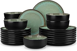 vancasso Plates and Bowls Sets, 24 Pieces Stoneware Dinnerware Sets for 8, Kitchen Dish Set Mircowave and Dishwasher Safe Ceramic Dishware, Turf Green, Series A