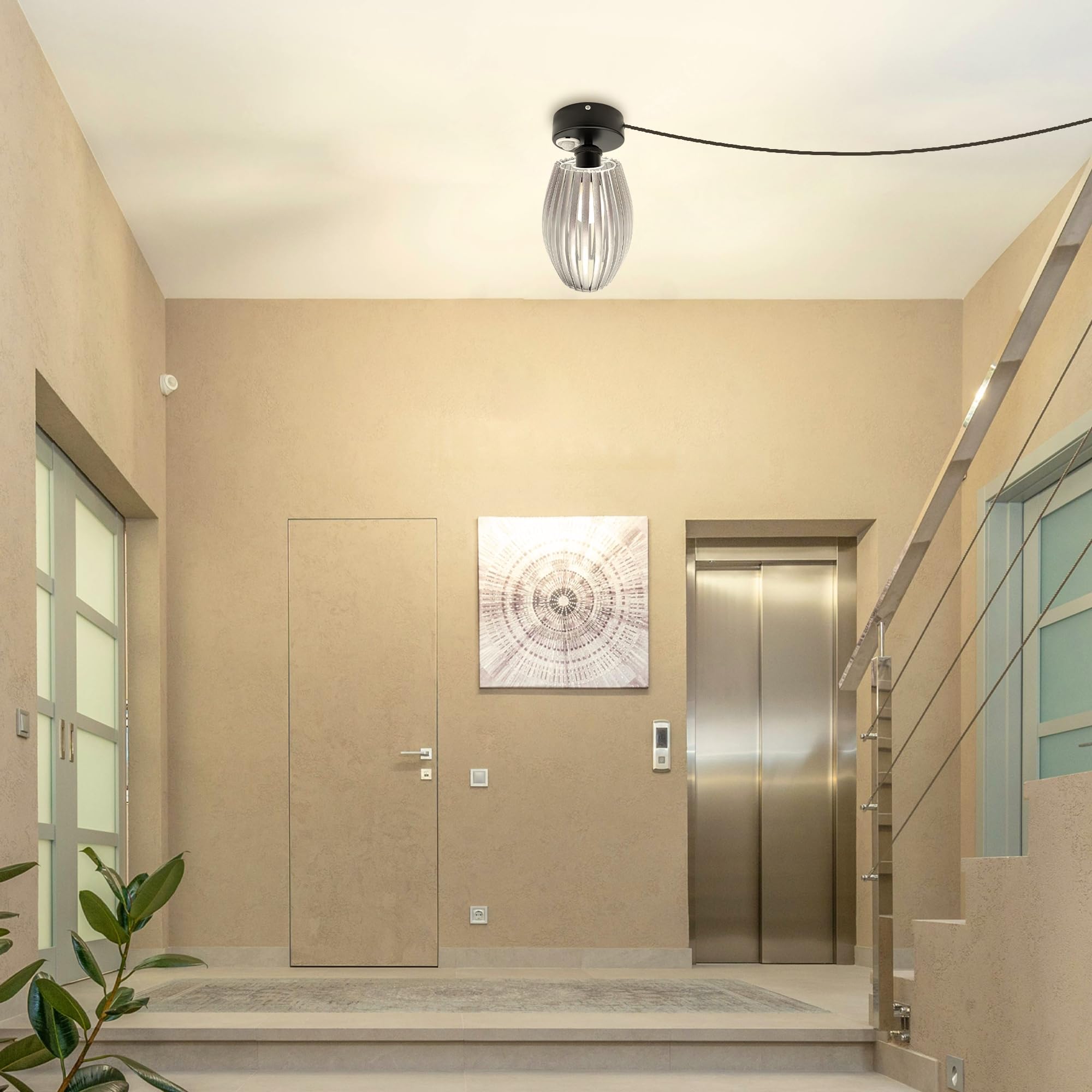 Plafoniera con sensore di movimento interno, lampada da soffitto in ferro industriale, sensore di movimento radar con cavo da 4,5 m e portalampada E27, per corridoio, bagno, scale, garage