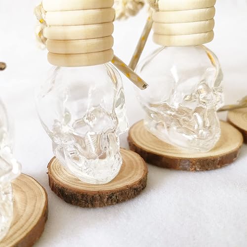 Miniatura 4 de WMugthome 6 botellas líquidas rellenables de cristal de calavera pequeña con tapa de madera colgante, tapón suave y dispensador para mezcla de