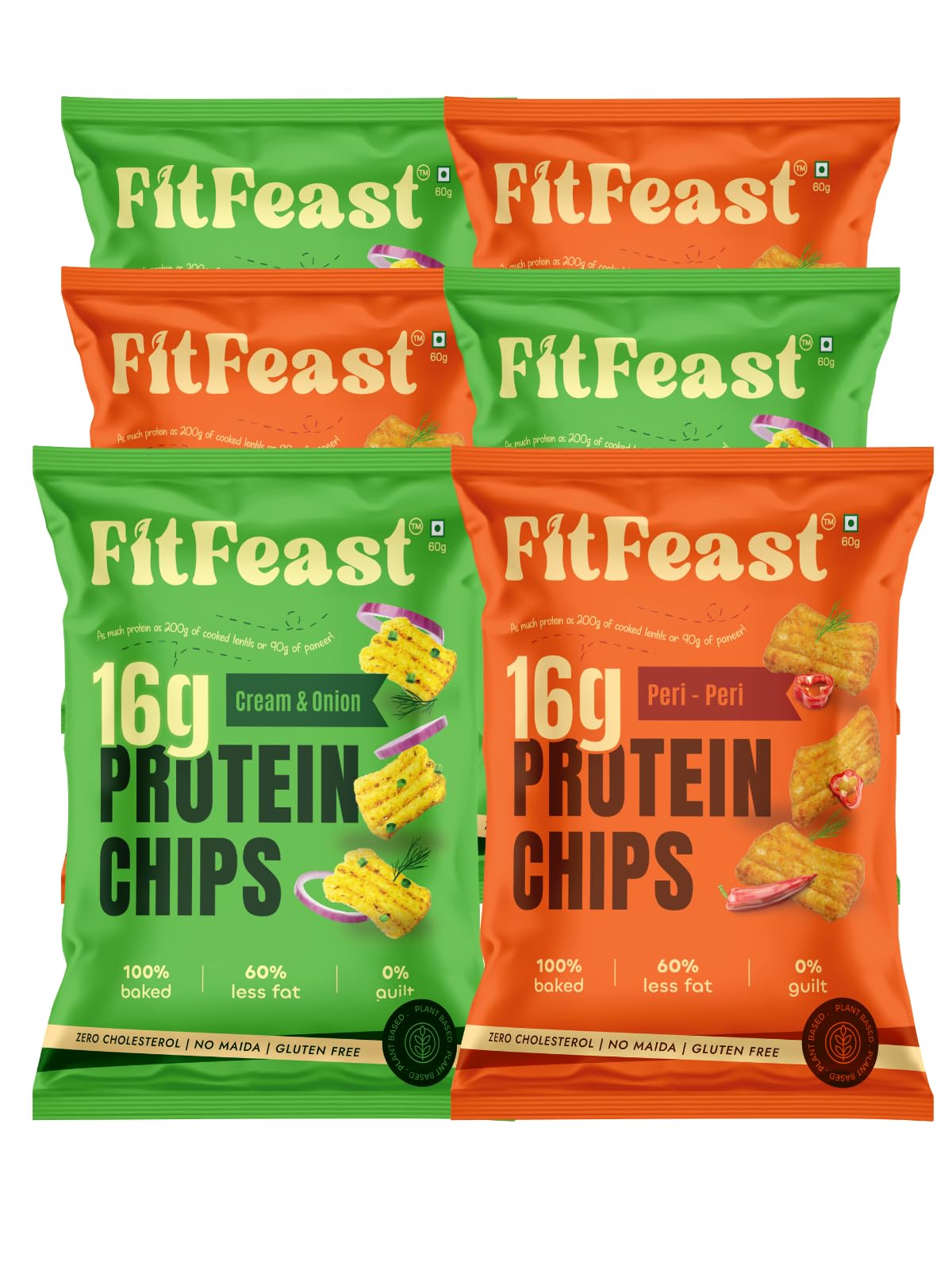 FitFeast Assorted Protein Chips | Peri Peri | Cream and Onion | Pack of 6 | 60gms Each | As Seen on Shark Tank-image-17