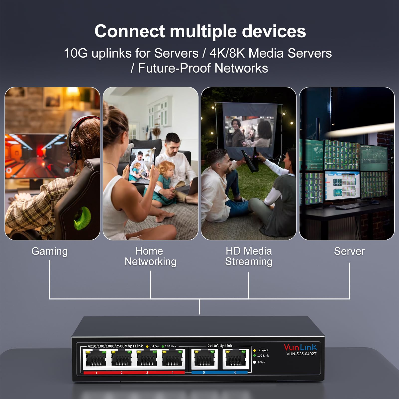 6-Port Multi-Gigabit Ethernet Switch, 4×2.5G + 2×10G High-Speed Ports, Unmanaged 10G/2.5G Netzwerk-Switch für Zuhause & Büro, Plug & Play, Desktop/Wandmontage, leises lüfterloses Metalldesign