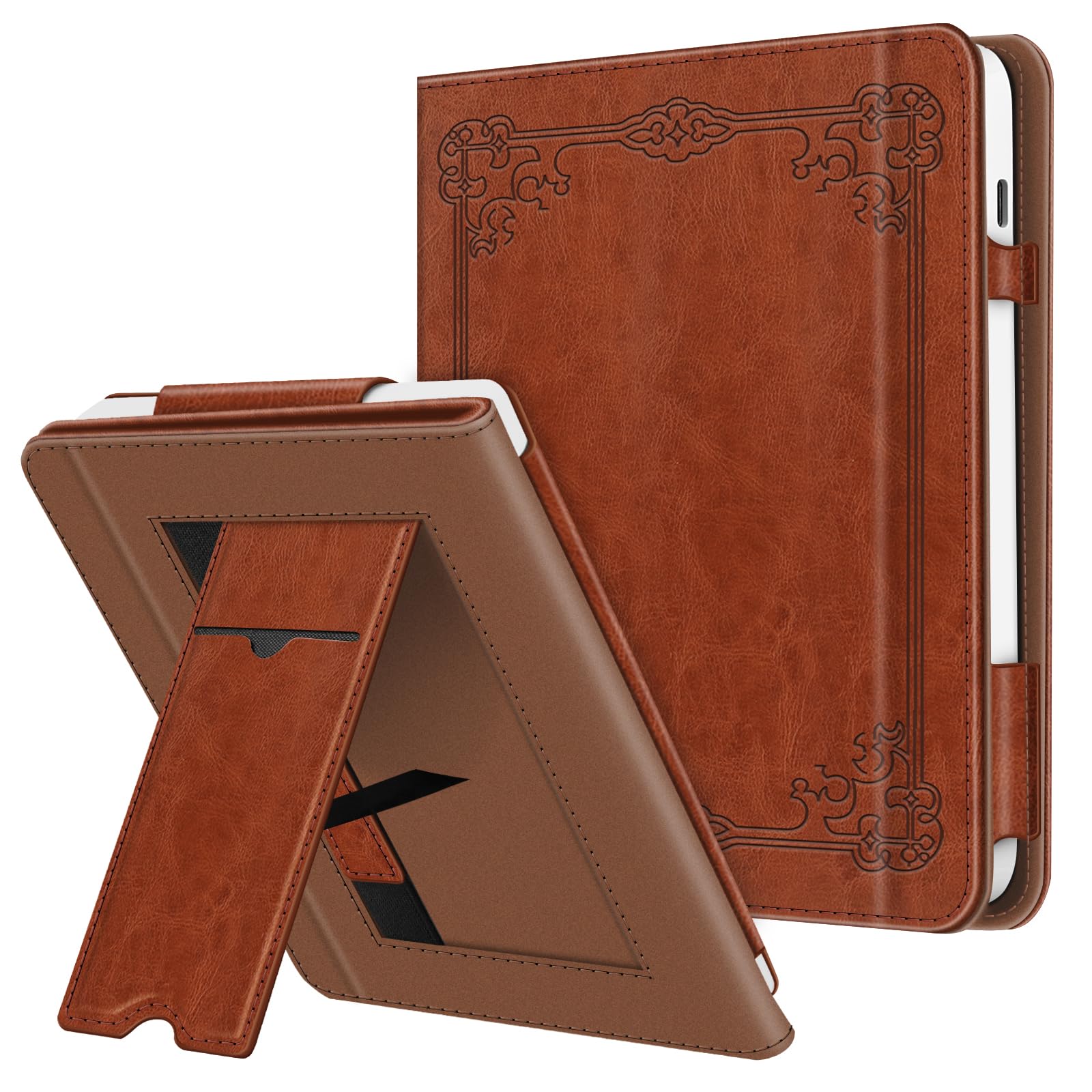 FINTIE Stand Cover per Kobo Libra Colour 2024, Kobo Libra 2 2021 eReader, Custodia Protettiva con Card Slot e Hand Strap, Marrone