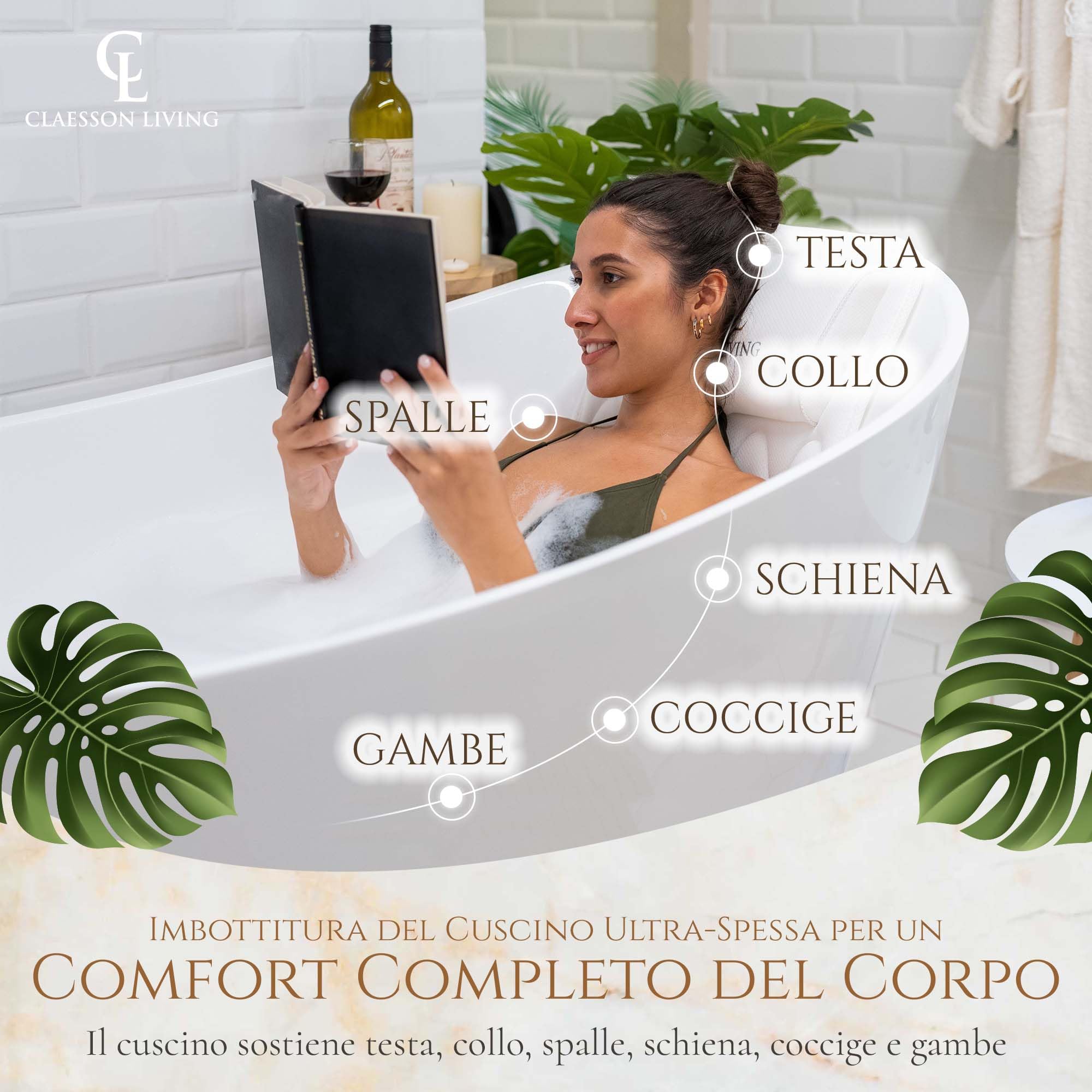 Cuscino Vasca da Bagno per Tutto il Corpo (125x43cm) - Cuscino Bago con ventose e Poggiatesta; Supporta Collo, Schiena e Gambe – Incl. Borse per Lavaggio e da Viaggio e Ganci per Asciugatura - Blanco