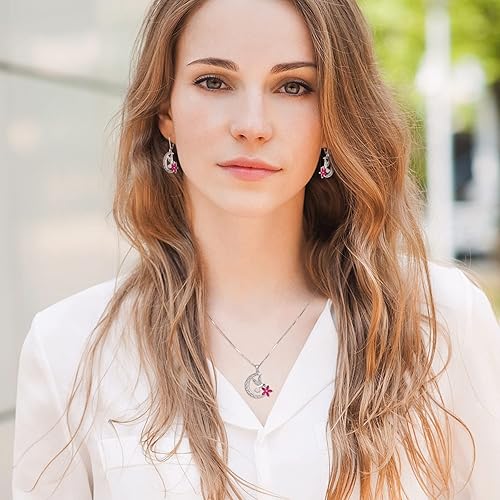 Miniatura 3 de YL Aretes de colibrí de plata de ley con flores de luna celta, aretes colgantes con piedra natal y cierre de palanca para mujer