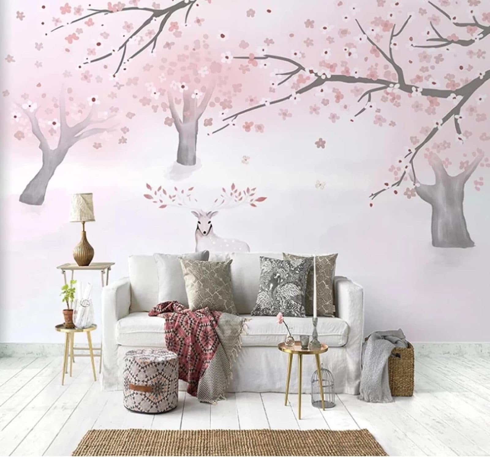 XLMING Dreamy Beautiful Pink Cherry Blossoms Reindeer 3D Wallpaper Luxury Silk Study Dining Feature Sofa Grey Bedroom Living Room Tv Decorative Wall-200cm×140cm