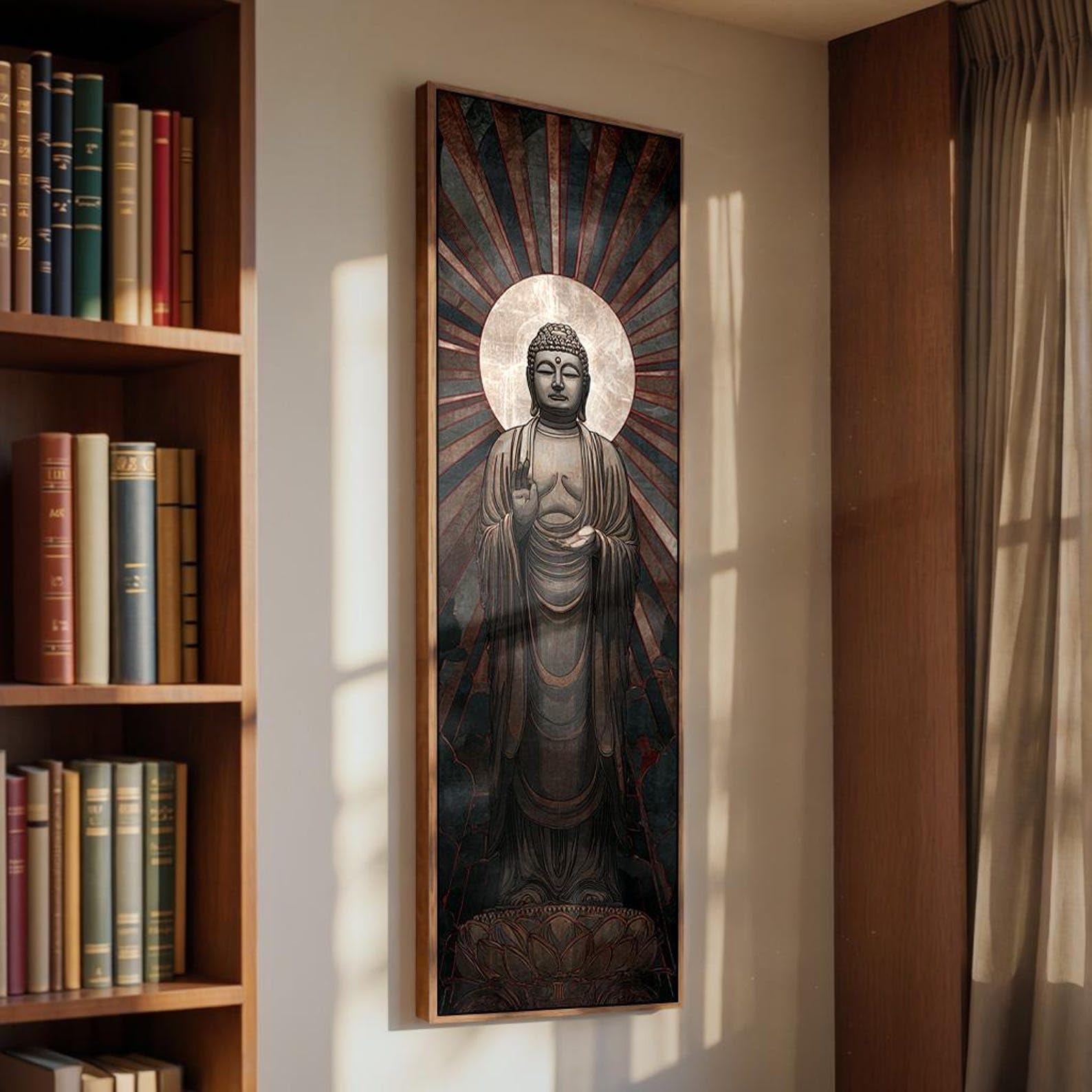 XINBAO Obraz Statua Buddy - Pionowy druk Zen - Wysoka wąska dekoracja medytacyjna - Minimalistyczne płótno do wystroju domu (70 x 210 cm/bez ramki)