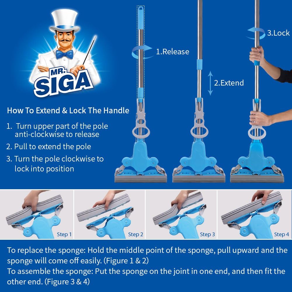 MR.SIGA Sponge Mop with Super Absorbent Sponge Head, Stainless Steel Handle, Mop Head Size: 11.5’’