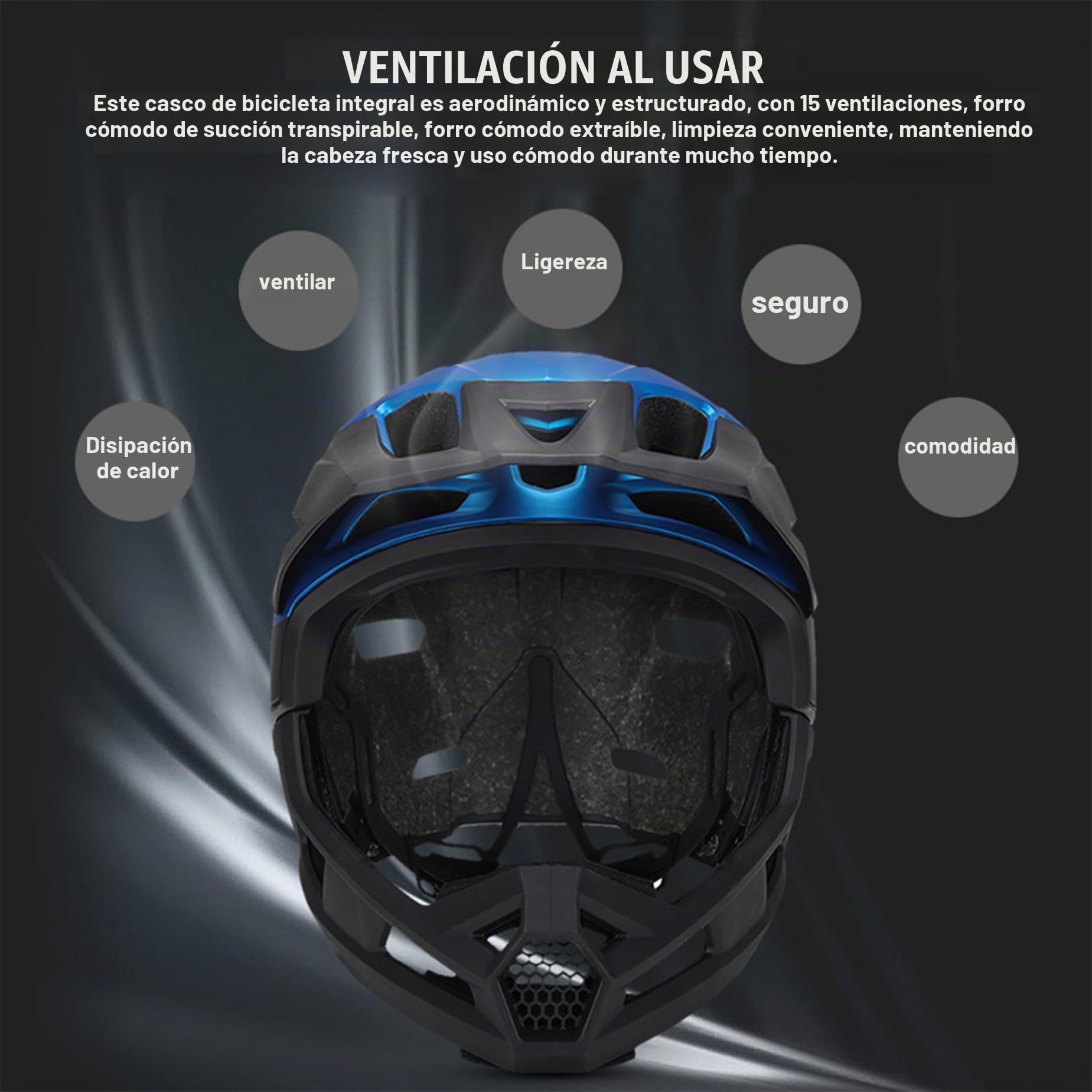Casco de Bicicleta de montaña para Adultos, Transpirable, a Prueba de Golpes, de policarbonato, Integral, con Soporte de Barbilla Desmontable, Ajustable, Unisex, Negro y Azul, Protector de Cabeza