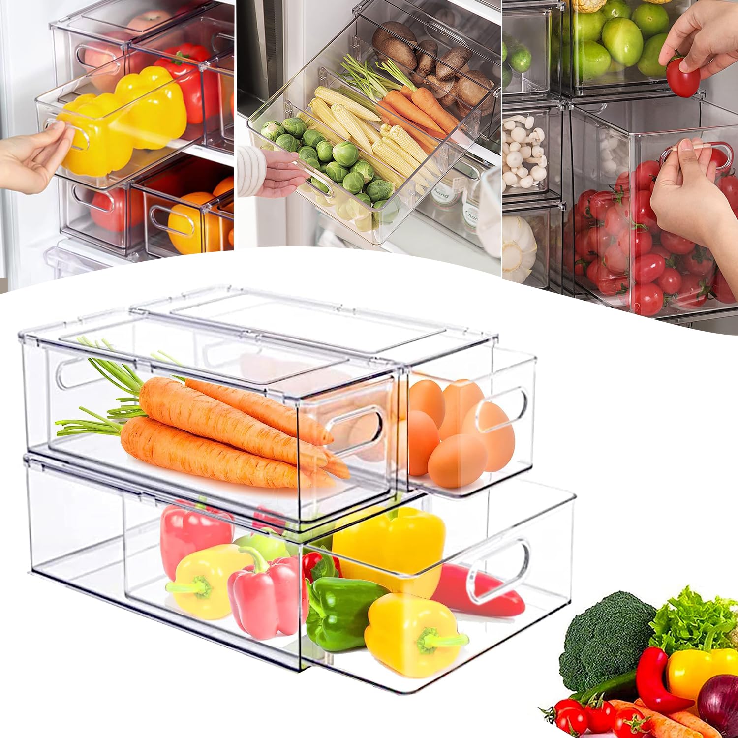 LIODUX Fridge Organizer And Storage Clear, Large Refrigerator Organizer Bin with Pull-out Drawer, Pantry Organization and Storage, BPA Free, 25.5 * 34 * 22cm, 2x3L+6L (3Pack）