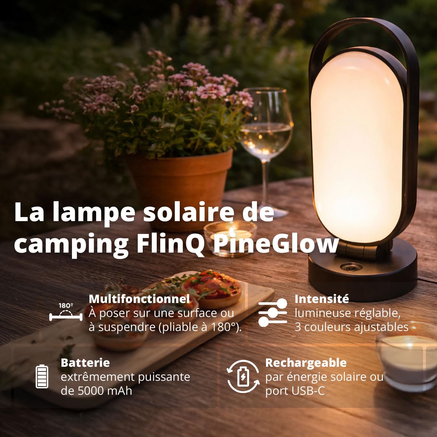 FLINQ Lanterne Camping Solaire PineGlow - LED USB-C Rechargeable, IPX4 | Batterie 5000 mAh, 240 LED & 3 températures (blanc chaud à froid), jusqu'à 28 h - pliable 180°, résistante IPX4, secours