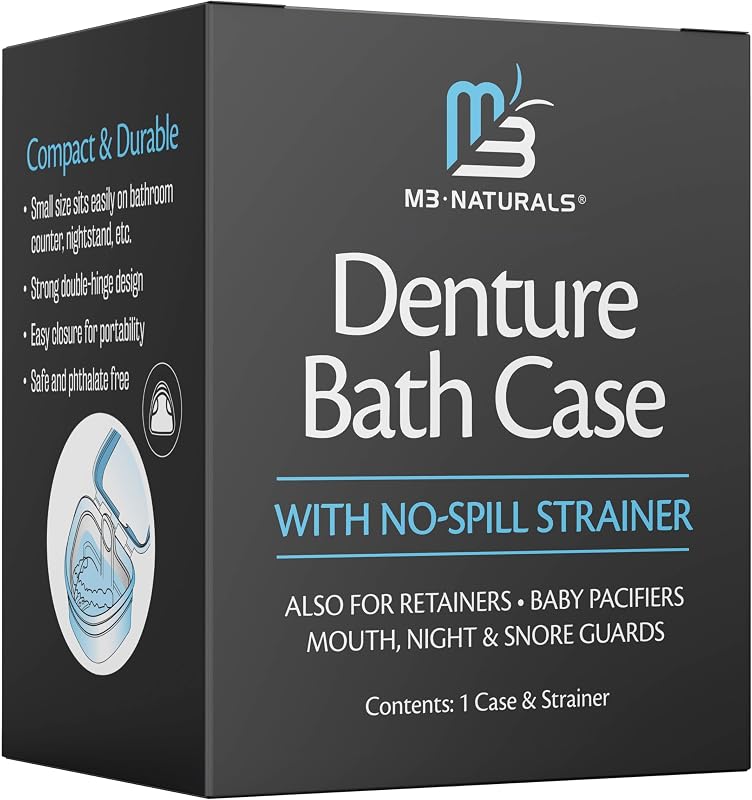 Denture Bath Case for Retainers, Phthalate-Free, No-Spill Strainer by M3 | 1 Case & Strainer for Invisalign Retainers, Baby Pacifiers, Mouth, Night & Snore Guards, Portable Soaking & Easy Rinsing