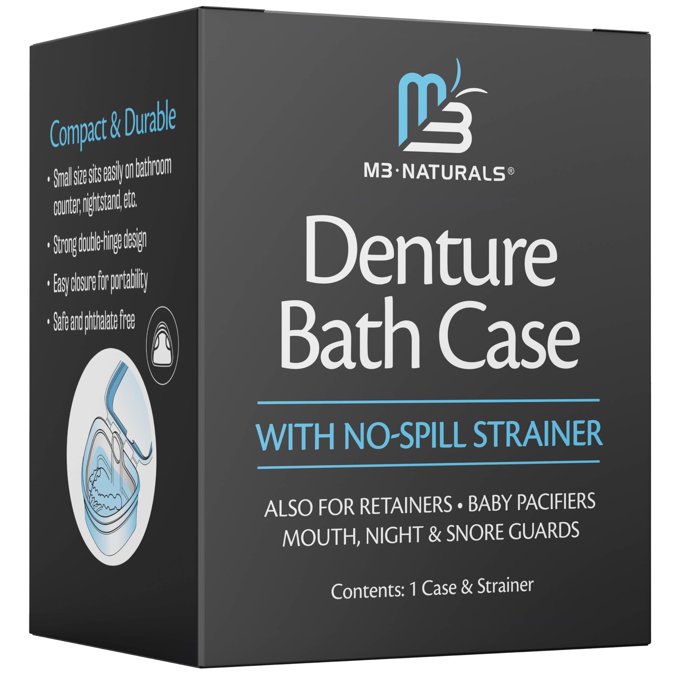 Denture Bath Case and Retainer Case, Denture Bath Cup for Invisalign Retainers Mouthguards Dentures Cleaner Kit with Strainer Spill-Free Portable Retainer Cleaner Case by M3 Naturals