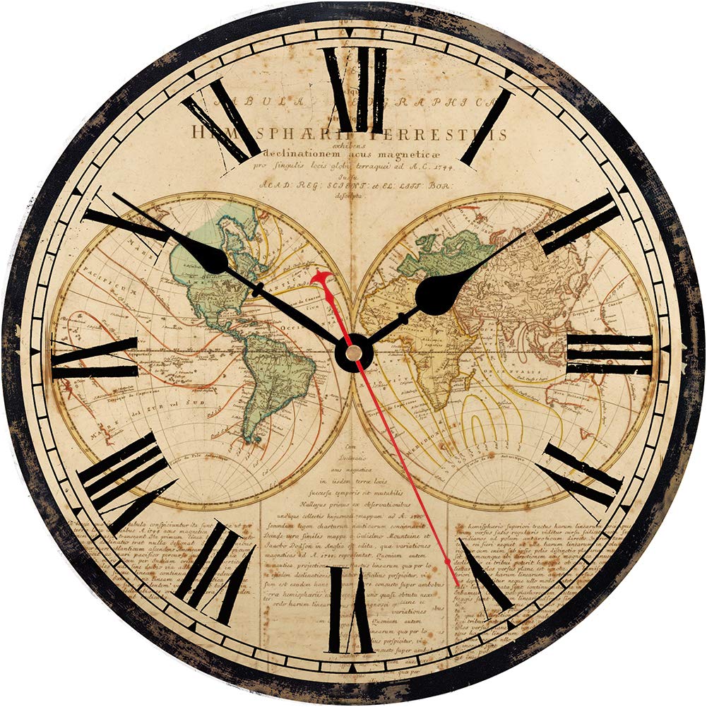 VIKMARI World Map Design Wall Clock 14 Inch Battery Operated Silent Non-Ticking Vintage Wall Clock Round Roman Numerals Indoor Clocks