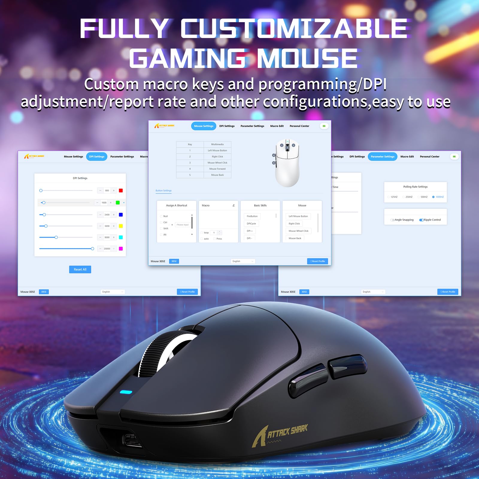 MAMBASNAKE X ATTACK SHARK X8SE 55g Mouse da gioco wireless ultraleggero-Fino a 25000DPI,sensore PAW3311,Tri-mode BT/2.4G/USB-C,80 milioni di clic,accelerazione 40G,500mAh,driver web,per Win/Mac-Nero