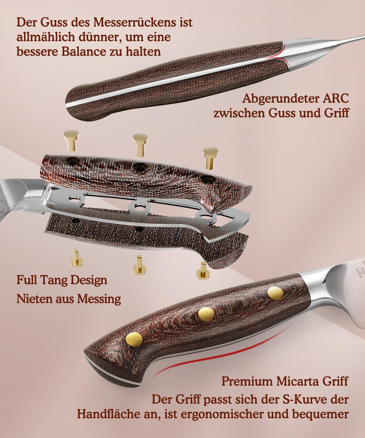 HEZHEN Profi Tomatenmesser Damast, Wellenschliff Hartstahl Auberginenmesser, Scharfe Klinge Brotzeitmesser, Frühstücksmesser Full Tang Micarta Griff